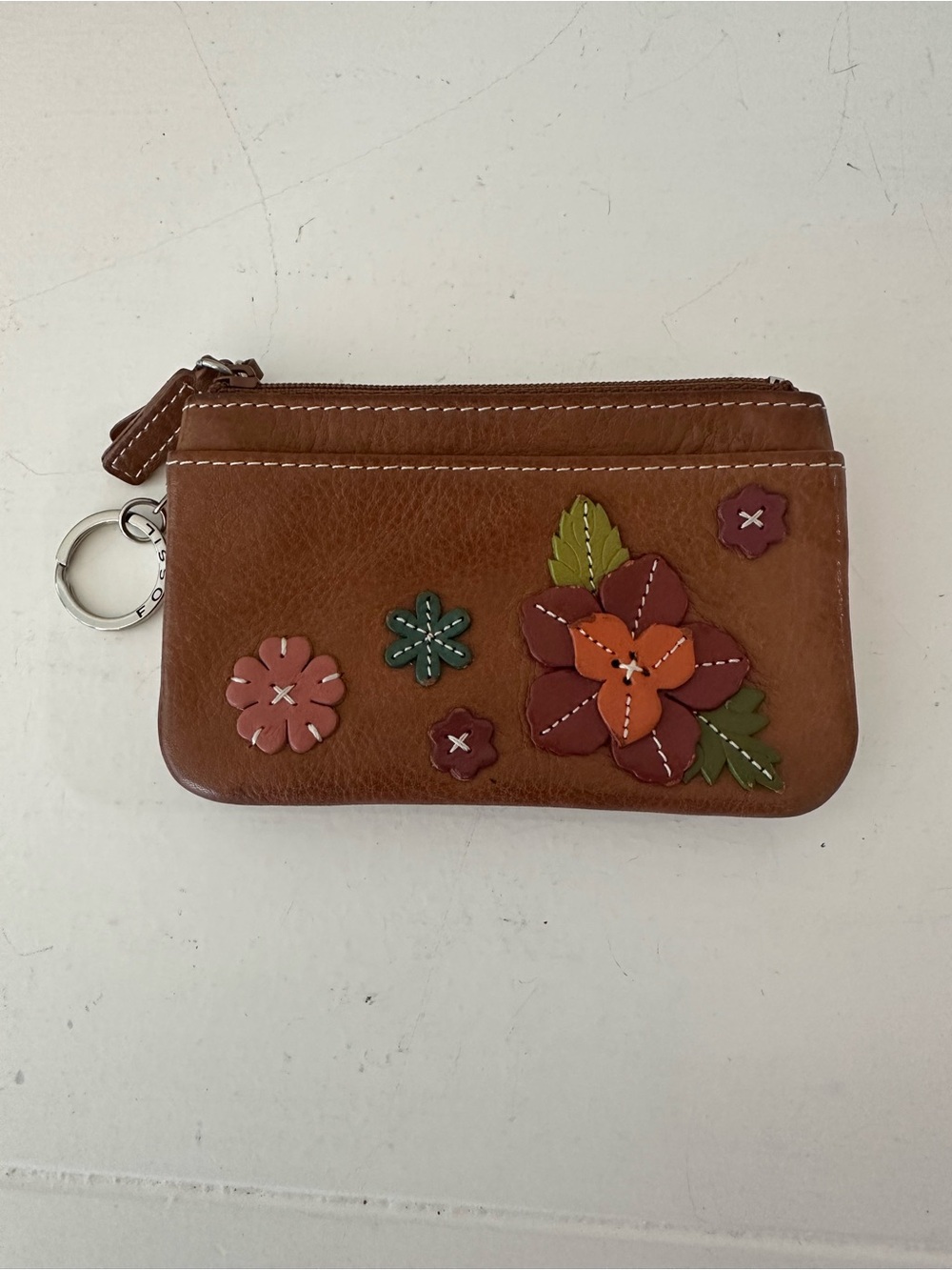 Fossil Brown Floral Embossed Leather Zip Coin Pouch Keyring